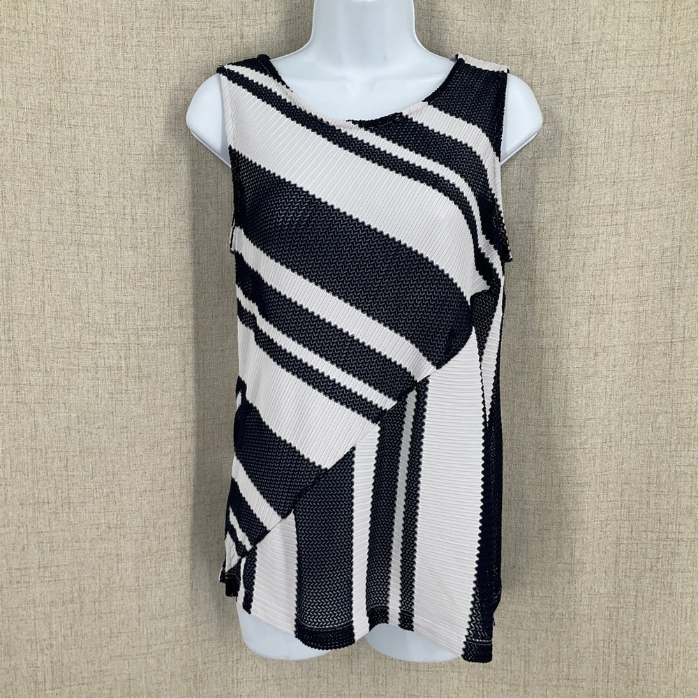 Chicos Travelers‎ Tank Top Womens 0 US S Navy White Striped Pleated Sleeveless